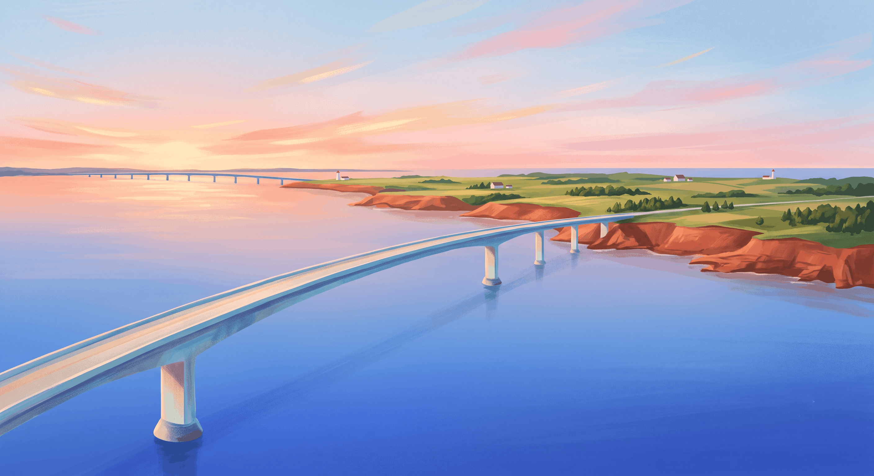 The Confederation Bridge spanning calm water at dusk